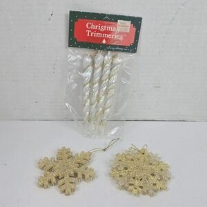 Christmas Trimmeries Ornaments Icicles & Snowflake Iridescent Gold White 6pc Set
